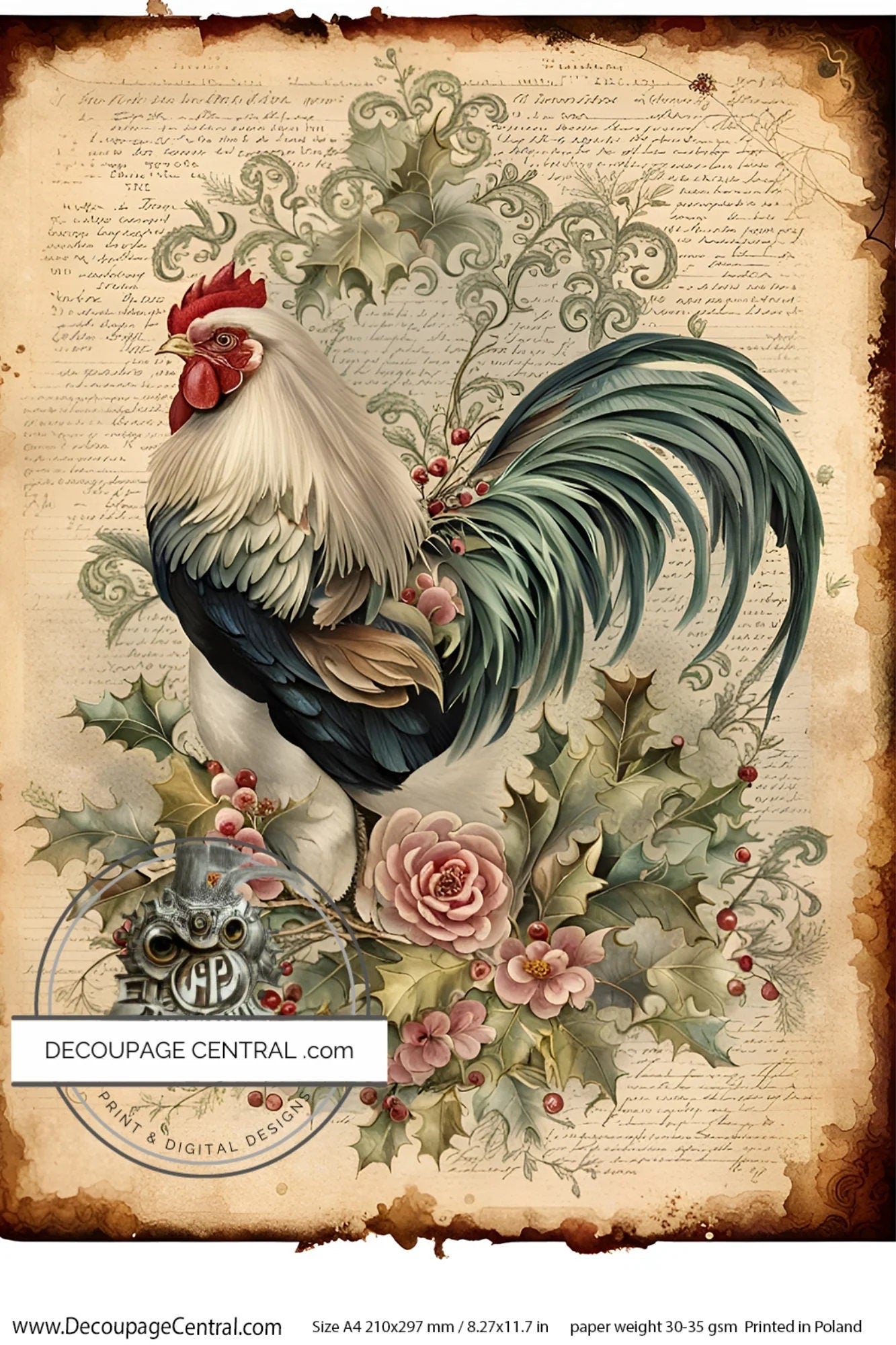 Decoupage Central, Rooster, Flowers, Colorful, Vintage, Shabby Chic Style, DC113, Rice Paper, Decoupage, Mixed Media, A4 8.27x11.69