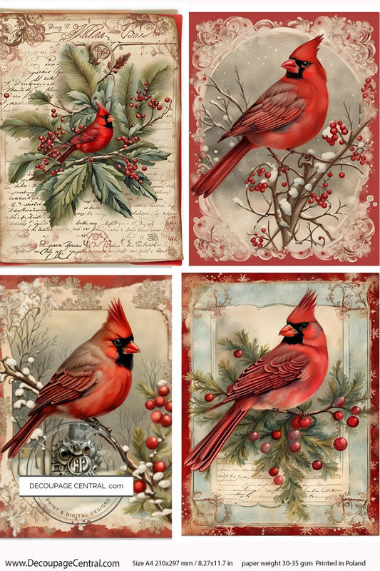 Decoupage Central, Holiday, Cardinals, Christmas, Squares, Vintage Style, DC115, Rice Paper, Decoupage, Mixed Media, A4 8.2x11.6