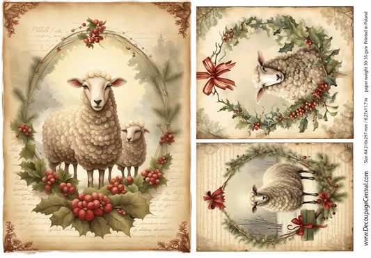 Decoupage Central, Christmas, Framed, Sheep, Holly, Vintage, Shabby Chic Style, DC120, Rice Paper, Decoupage, Mixed Media, A4 8.2x11.6