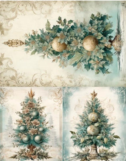 LaBlanche, 2023 Winter Release, Rice Paper, Christmas Trees, Decorated, 3 piece, Victorian, Shabby Chic Style, LBD338, A4 8.27 X 11.69 in