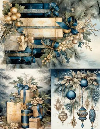 LaBlanche, 2023 Winter Release, Rice Paper, Christmas Decorations, Blue, Gold, Wrapped, Gifts, Baubles, Ornaments, LBD339, A4 8.27 X11.69 in LaBlanche