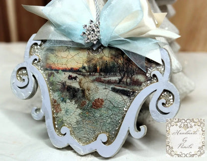 Handcrafted, Christmas Ornament, Shabby Chic, Vintage Style, Decoupage, Winter Scene, MDF, Scroll, Collectible, Mixed Media, Art by Pamela Handmade by Pamela