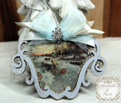 Handcrafted, Christmas Ornament, Shabby Chic, Vintage Style, Decoupage, Winter Scene, MDF, Scroll, Collectible, Mixed Media, Art by Pamela Handmade by Pamela