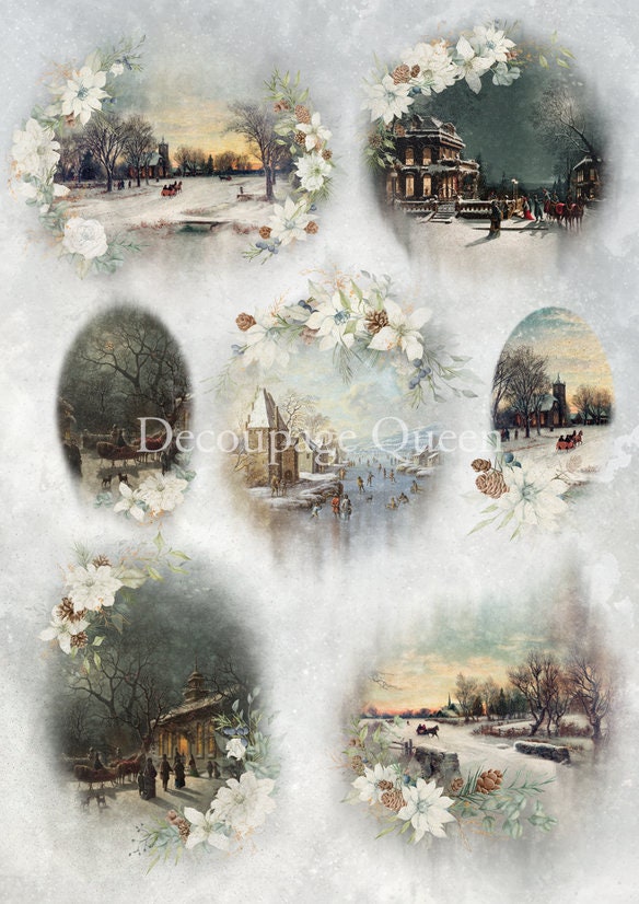 Handcrafted, Christmas Ornament, Shabby Chic, Vintage Style, Decoupage, Winter Scene, MDF, Scroll, Collectible, Mixed Media, Art by Pamela