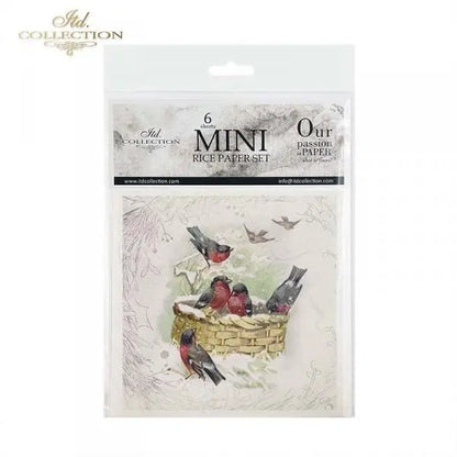 ITD Collection Rice Paper Mini Set for Decoupage RSM084, 6 sheets of rice paper 14,8x14,8 cm, Winter, Birds, Snow, Ornaments, Decorations ITD Collection