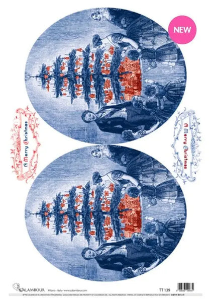 Calambour, Italian Design, Blue Christmas Collection, Festive Trees, Vintage Style, Ovals, TT139 Mulberry Rice Paper, Decoupage, 9.7"x13.5" Calambour