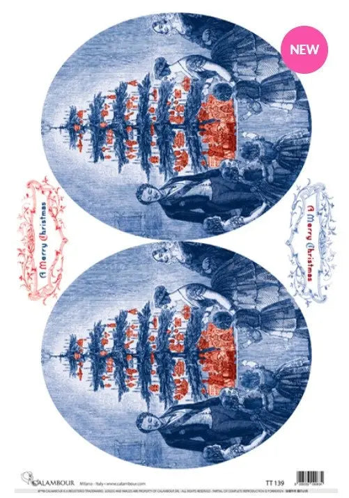 Calambour, Italian Design, Blue Christmas Collection, Festive Trees, Vintage Style, Ovals, TT139 Mulberry Rice Paper, Decoupage, 9.7"x13.5" Calambour