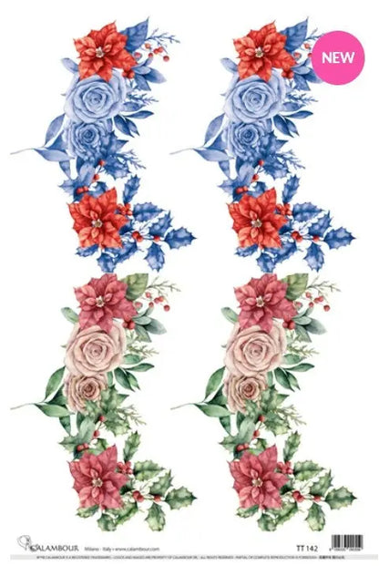 Calambour, Italian Design, Blue Christmas Collection, Garland, Roses, Poinsettia, Vintage Style, TT142  Rice Paper, Decoupage 9.7"x13.5" Calambour
