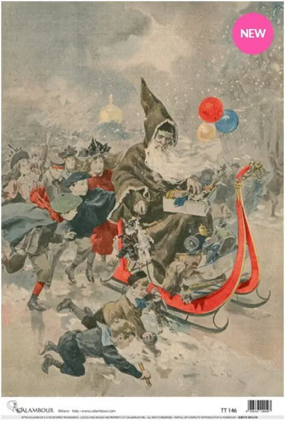 Calambour, Italian Design, Christmas Collection, Antique, Vintage, Santa, Sleigh, Children, Holiday, TT146, Rice Paper, Decoupage 9.7"x13.5" Calambour