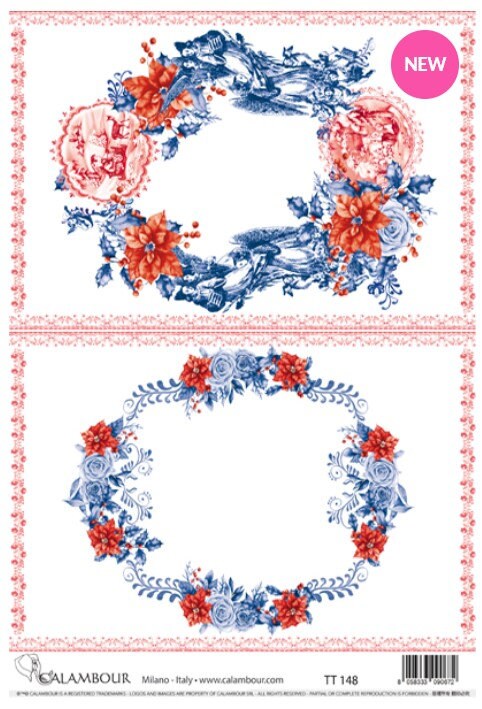 Calambour, Italian Design, Blue Christmas Collection, Festive Garland, Floral, Rose, Ovals, TT148 Mulberry Rice Paper, Decoupage, 9.7"x13.5"