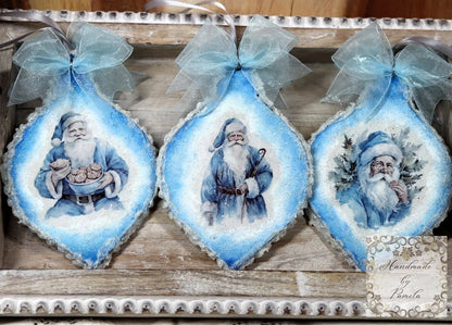 Handcrafted, Shabby Chic, Mixed Media, Decoupage, Blue, Santa, Ice, Snow, Christmas Ornament Set of 3, Holiday, Decoration, Collectible Handmade by Pamela
