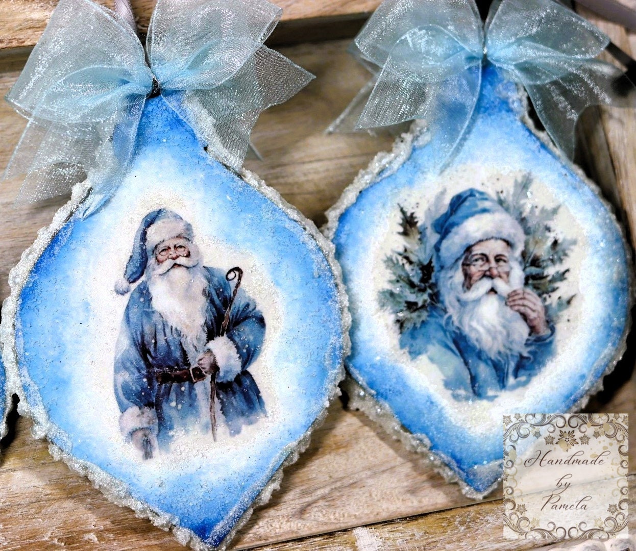 Handcrafted, Shabby Chic, Mixed Media, Decoupage, Blue, Santa, Ice, Snow, Christmas Ornament Set of 3, Holiday, Decoration, Collectible