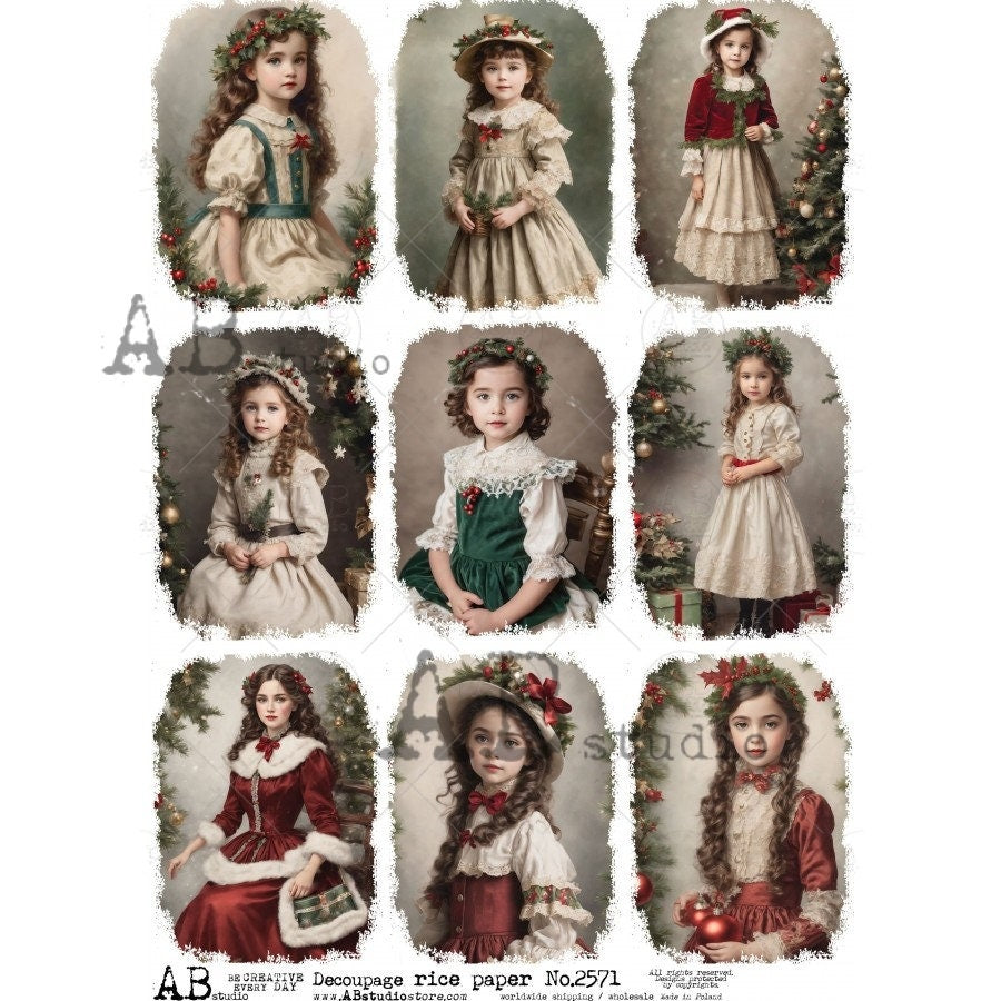 AB Studio, Rice Paper, Decoupage, Christmas, Girls, Children, Victorian, Winter, Ornament, Squares, Vintage, 2571 Size: A4 - 8.27 X 11.69 in