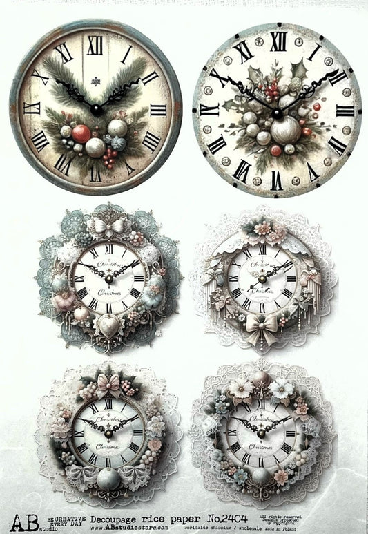 AB Studio, Vintage Style, Clock Faces, Wreaths, Christmas, Ornament, Rounds, 2404, A4 8.27 X 11.69 in Rice Paper, Decoupage, Imported Poland