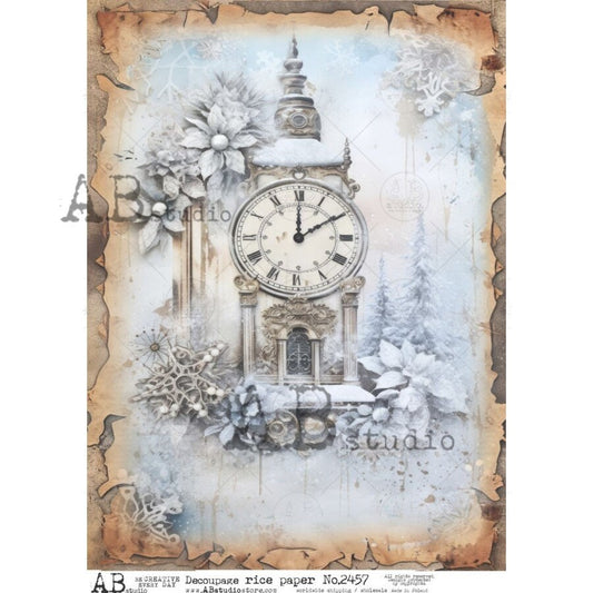 AB Studio, 2023 Release, Christmas, Winter Clock, Time Piece, Ice, Shabby Chic, 2457, A4 8.2 X 11.6 Rice Paper Decoupage, Imported Poland