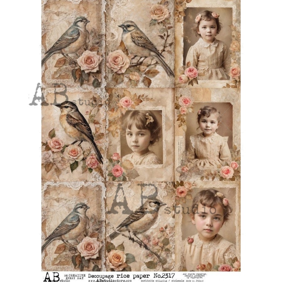AB Studio, 2023 Release, Vintage Girl Portraits, Birds, Roses, Squares, Shabby Chic, 2317, A4 8.2X11.6 Rice Paper Decoupage, Imported Poland