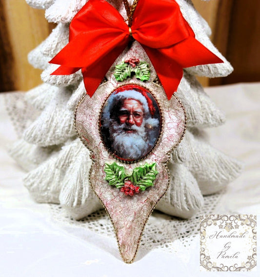 Handcrafted, Shabby Chic, Mixed Media, Vintage Style, Reversable, Decoupage, Santa Christmas Ornament, MDF, Holiday, Decoration, Collectible