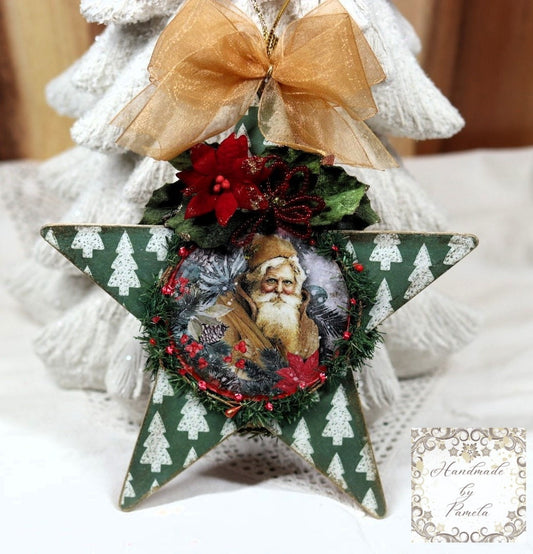 Handcrafted, Shabby Chic, Mixed Media, Vintage Style, Decoupage, MDF Star, Santa, Cardinal, Reversable, Christmas Ornament, Decoration