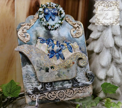 Handcrafted, Mixed Media, Holiday, Decoupage, Mixed Media, Sleigh, Gifts, Winter, Snow, Christmas Decor, Plaque, Shabby Chic,  Laser Cut MDF Handmade by Pamela