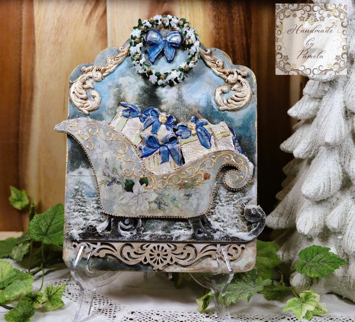 Handcrafted, Mixed Media, Holiday, Decoupage, Mixed Media, Sleigh, Gifts, Winter, Snow, Christmas Decor, Plaque, Shabby Chic,  Laser Cut MDF