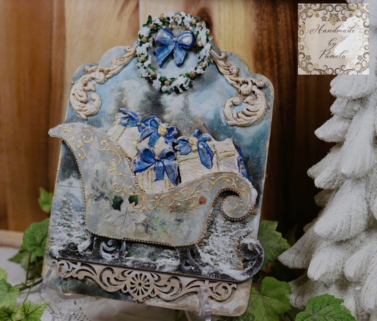 Handcrafted, Mixed Media, Holiday, Decoupage, Mixed Media, Sleigh, Gifts, Winter, Snow, Christmas Decor, Plaque, Shabby Chic,  Laser Cut MDF