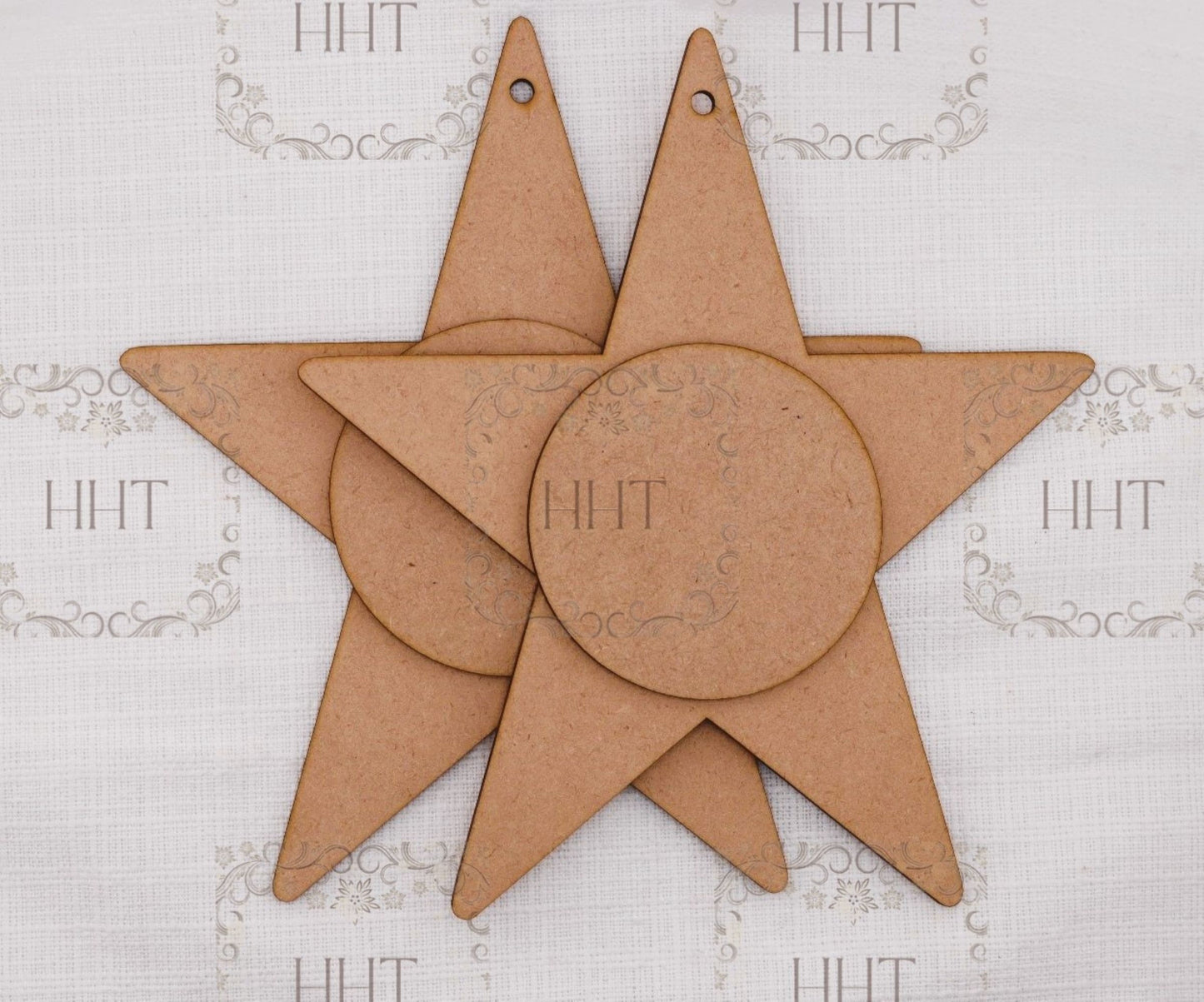 Laser Cut MDF, Christmas, Star, Ornament, Blank, Base, with Center Circle Overlay, Set of 2, Decoupage, Mixed Media, Crafts, 7" x 8", 1/8"