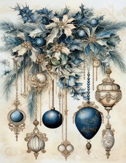 LaBlanche, 2023 Winter Release, Rice Paper, Christmas Baubles, Ornaments, Decorations, Blue, Gold, Pine Garland, LBD340, A4 8.27 X 11.69 in LaBlanche