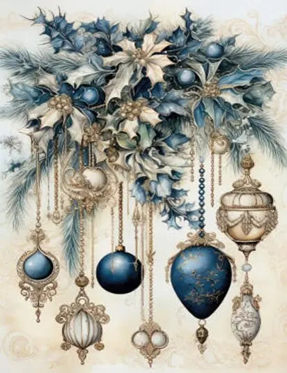 LaBlanche, 2023 Winter Release, Rice Paper, Christmas Baubles, Ornaments, Decorations, Blue, Gold, Pine Garland, LBD340, A4 8.27 X 11.69 in LaBlanche