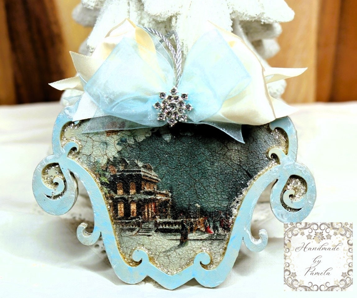 Handcrafted, Christmas Ornament, Shabby Chic, Vintage Style, Decoupage, Winter Scene, MDF, Scroll, Collectible, Mixed Media, Art by Pamela