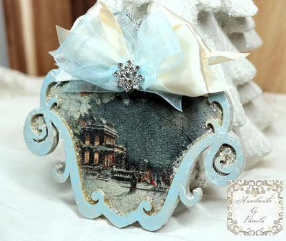 Handcrafted, Christmas Ornament, Shabby Chic, Vintage Style, Decoupage, Winter Scene, MDF, Scroll, Collectible, Mixed Media, Art by Pamela Handmade by Pamela