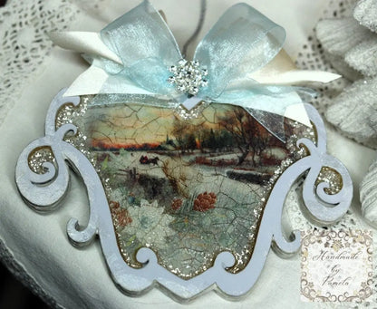 Handcrafted, Christmas Ornament, Shabby Chic, Vintage Style, Decoupage, Winter Scene, MDF, Scroll, Collectible, Mixed Media, Art by Pamela Handmade by Pamela