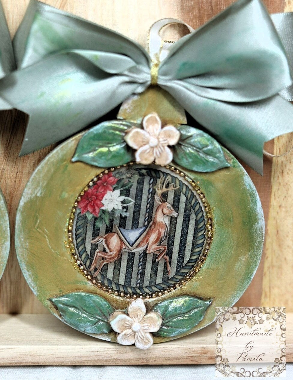 Handcrafted, Carousel Horses, Christmas Ornament Set 2, Decoupage, Mixed Media, Vintage Style Ornaments, Gold, Green, Handmade by Pamela
