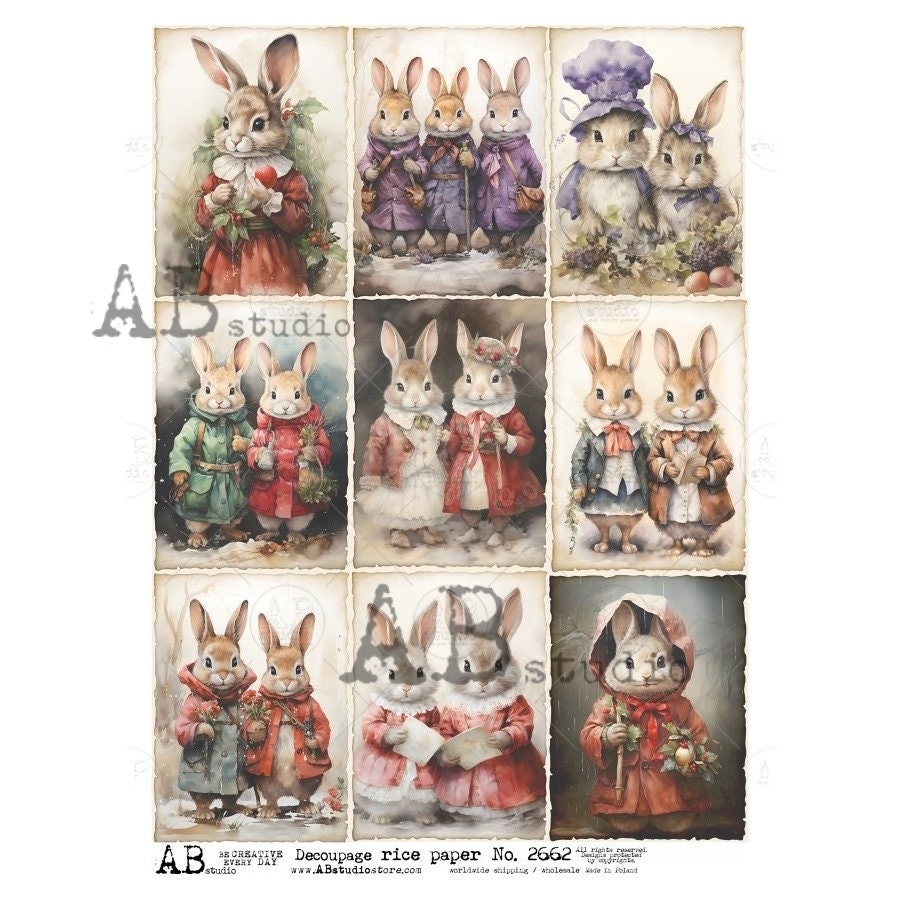 AB Studio, Rice Paper, Holiday, Shabby Chic, Vintage, Dressed, Bunny, Rabbits, Couples, Squares, 2662, A4 8.27x11.69, Decoupage, Mixed Media