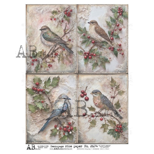 AB Studio, Rice Paper, Shabby Chic, Christmas, Blue Birds, Holly, Berries, Decorations, Holiday, Squares, ID-2674, A4 8.27x11.69 Decoupage