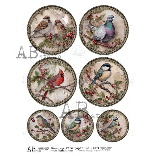 AB Studio, Rice Paper, Shabby Chic, Christmas, Blue Birds, Cardinals, Ornaments, Circles, ID-2689, Ornaments, A4 8.27x11.69 Decoupage