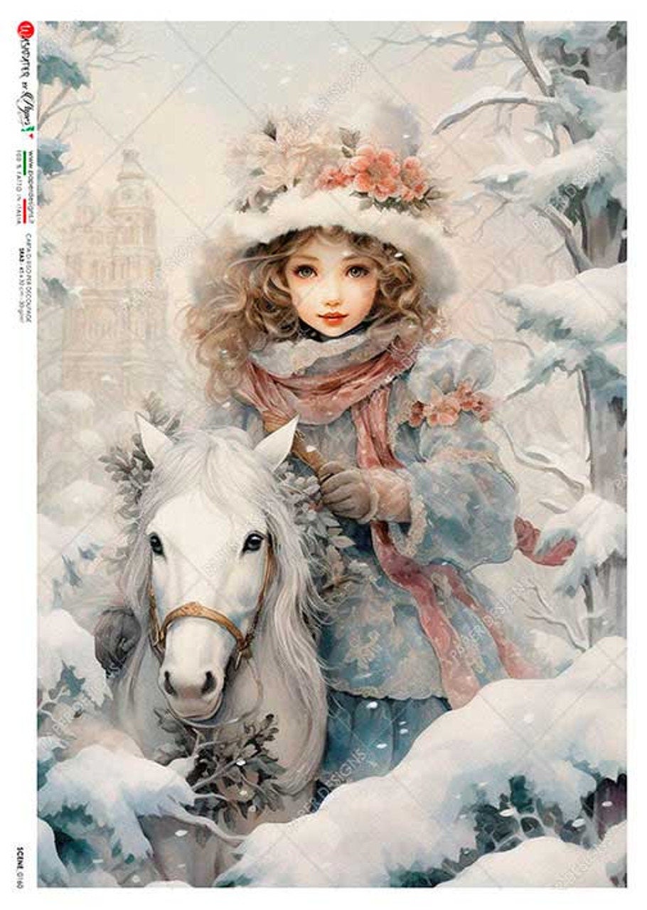 Paper Designs, 2023 Release, Winter, Girl, Horse, Snow, Shabby Chic, Rice Paper, Decoupage, Mixed  Media, 0160, A4 8.3" X 11.7