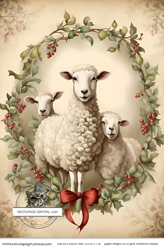 Decoupage Central, Christmas, Framed, Sheep Family, Wreath, Vintage, Country Animals, DC119, Rice Paper, Decoupage, Mixed Media, A4 8.2x11.6