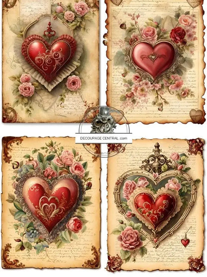 Decoupage Central, Christmas, Vintage, Hearts, Squares, Shabby Chic, Valentine, DC242, Rice Paper, Decoupage, Mixed Media, A4 8.27x11.69 in Decoupage Central
