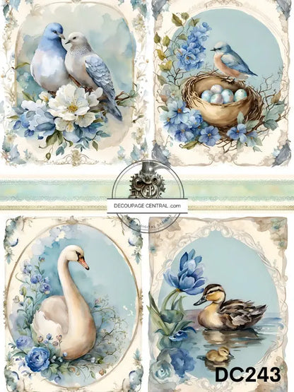 Decoupage Central, Rice Paper, Vintage, Easter, Swan, Birds, Blue, Flowers, Eggs, Shabby Chic, DC243,  Mixed Media, A4 8.27x11.69 Decoupage Central
