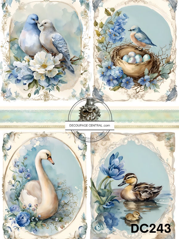 Decoupage Central, Rice Paper, Vintage, Easter, Swan, Birds, Blue, Flowers, Eggs, Shabby Chic, DC243,  Mixed Media, A4 8.27x11.69