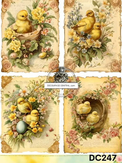 Decoupage Central, Rice Paper, Easter, Vintage, Baby Chic's, Nests, Yellow Flowers, Eggs, Shabby Chic, DC247,  Mixed Media, A4 8.27x11.69 Decoupage Central
