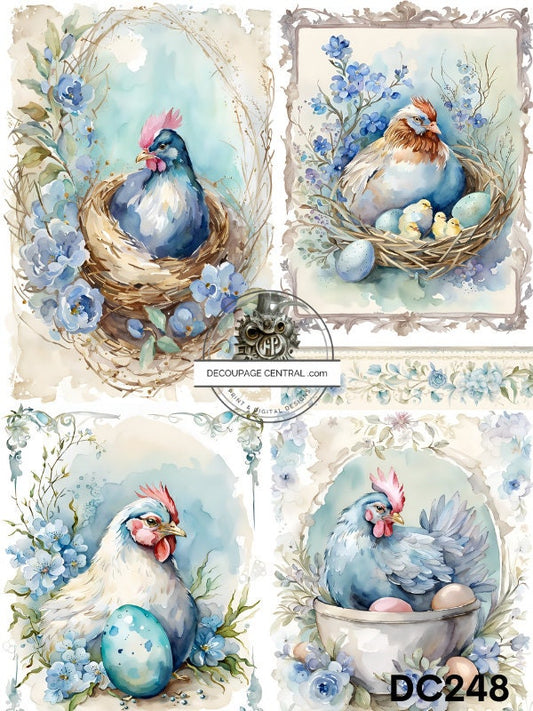 Decoupage Central, Rice Paper, Easter, Vintage, Blue Flowers, Eggs, Nesting Hens, Squares, Shabby Chic, DC248,  Mixed Media, A4 8.27x11.69