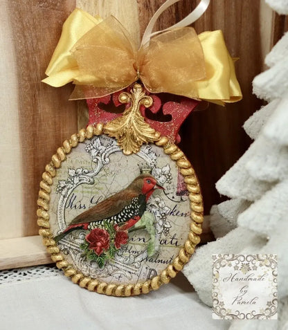 Handcrafted, Christmas Ornament, MDF, Decoupage, Mixed Media, Crown, Royalty, Bird, Vintage, Shabby Chic style, Gold, Red, Collectible Handmade by Pamela