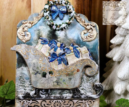 Handcrafted, Mixed Media, Holiday, Decoupage, Mixed Media, Sleigh, Gifts, Winter, Snow, Christmas Decor, Plaque, Shabby Chic,  Laser Cut MDF Handmade by Pamela