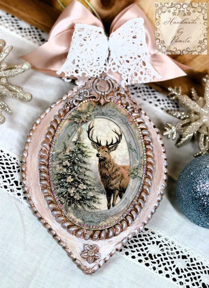 Handcrafted, MDF Decoupage, Christmas Ornament, Shabby Chic, Mixed Media, Vintage Style, Stag, Deer, Tree,  Antique Style, Victorian Style Handmade by Pamela