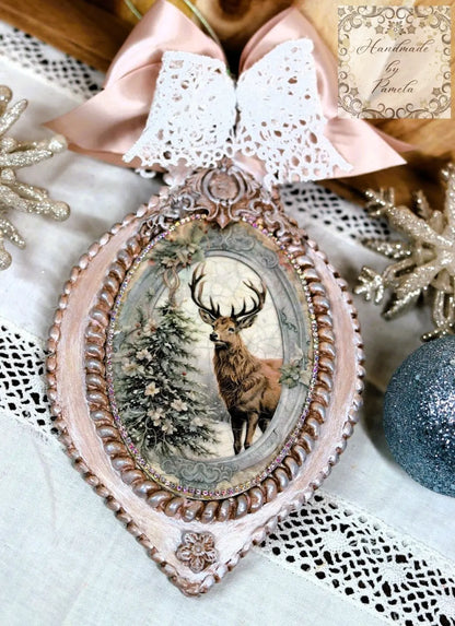 Handcrafted, MDF Decoupage, Christmas Ornament, Shabby Chic, Mixed Media, Vintage Style, Stag, Deer, Tree,  Antique Style, Victorian Style Handmade by Pamela