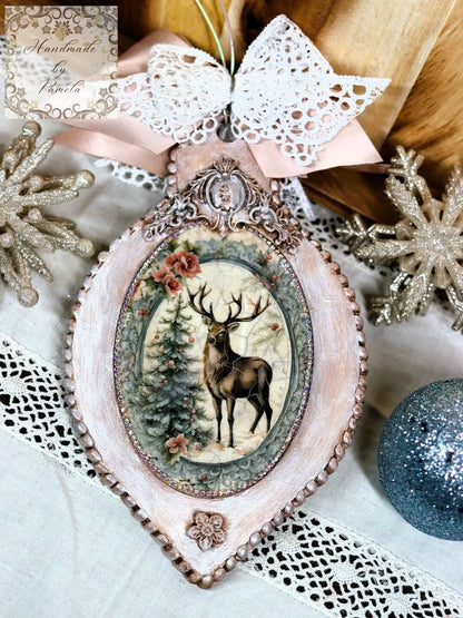Handcrafted, MDF Decoupage, Christmas Ornament, Shabby Chic, Mixed Media, Vintage Style, Stag, Deer, Tree,  Antique Style, Victorian Style Handmade by Pamela