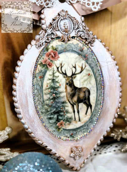 Handcrafted, MDF Decoupage, Christmas Ornament, Shabby Chic, Mixed Media, Vintage Style, Stag, Deer, Tree,  Antique Style, Victorian Style Handmade by Pamela
