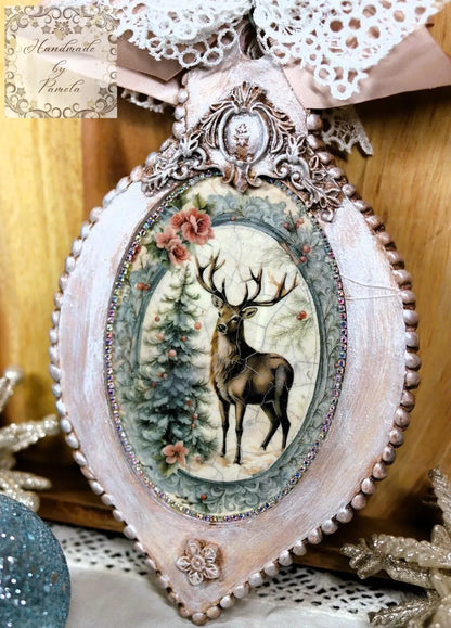 Handcrafted, MDF Decoupage, Christmas Ornament, Shabby Chic, Mixed Media, Vintage Style, Stag, Deer, Tree,  Antique Style, Victorian Style Handmade by Pamela
