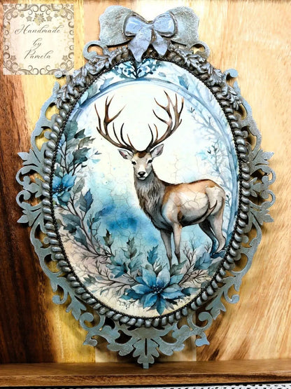 Handcrafted, Mixed Media, Shabby Chic, Decoupage, Plaque, Panel, Christmas, Blue Stag, Plaque, Vintage Style, Antique Style, Laser Cut MDF Handmade by Pamela